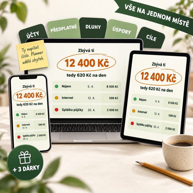 Notebook a telefon na kuchyňském stole, otevřený planner Kolik mi zbývá se zakroužkovaným číslem, které ti zbývá