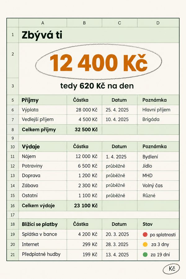 Hlavní strana planneru s číslem «Zbývá ti 12 400 Kč»
