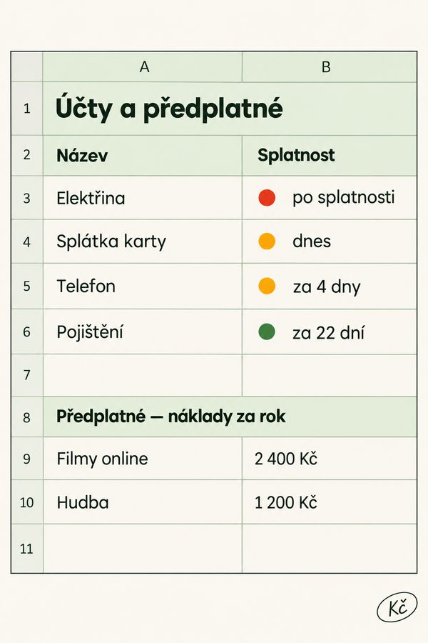 Seznam účtů a předplatného se semaforem