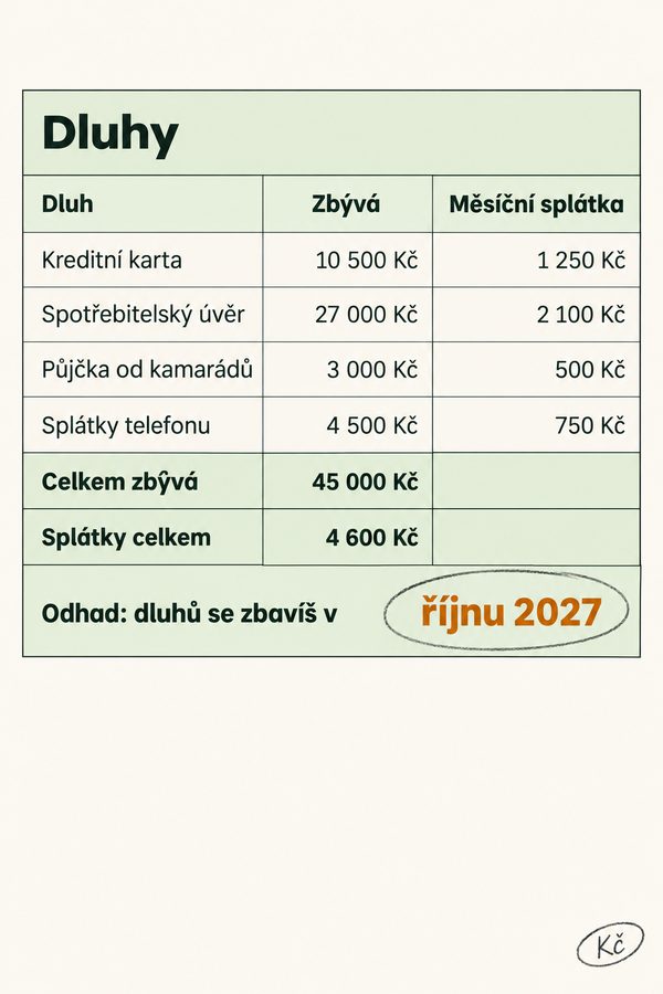 Stránka s dluhy a odhadovaným datem, kdy je splatíš
